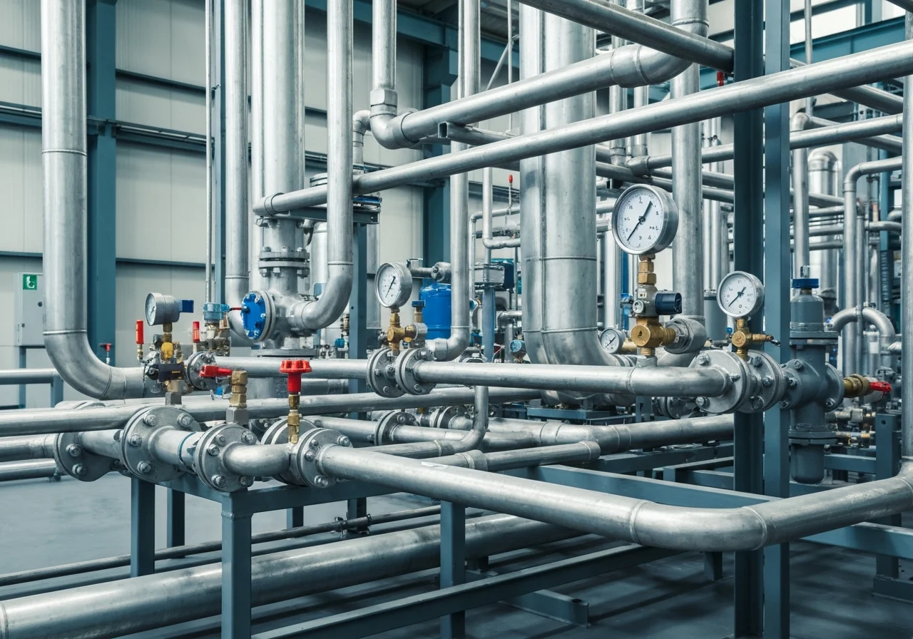 Industrielle Druckluftleitungen mit Ventilen und Druckmessgeräten
